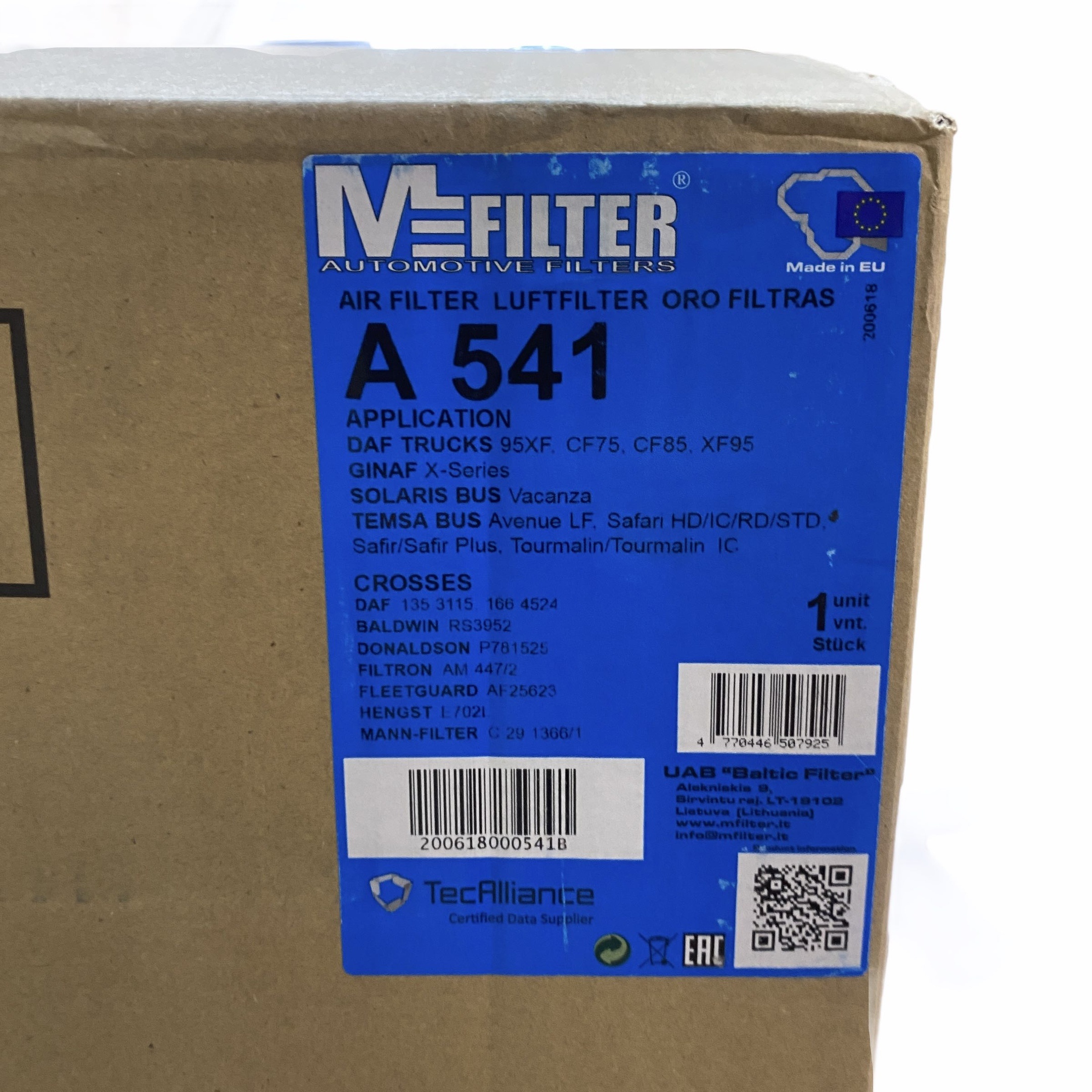 Фильтр воздушный DAF F95/F/Caterpillar/Perkins Mfilter A541