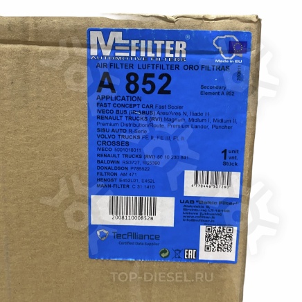 A852 Фильтр воздушный Renault Premium 2 2005>/Volvo FL 2 /Dxi	Mfilter купить